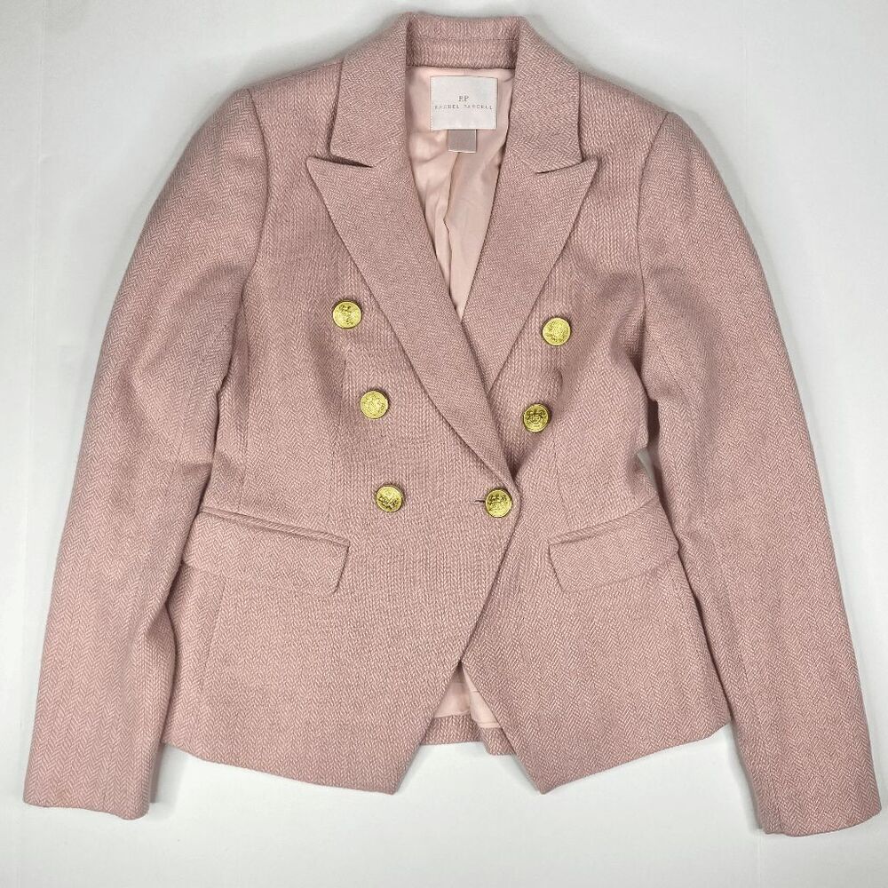 Rachel Parcell Womens Blazer Herringbone Tweed Lined Button Pink Size XS